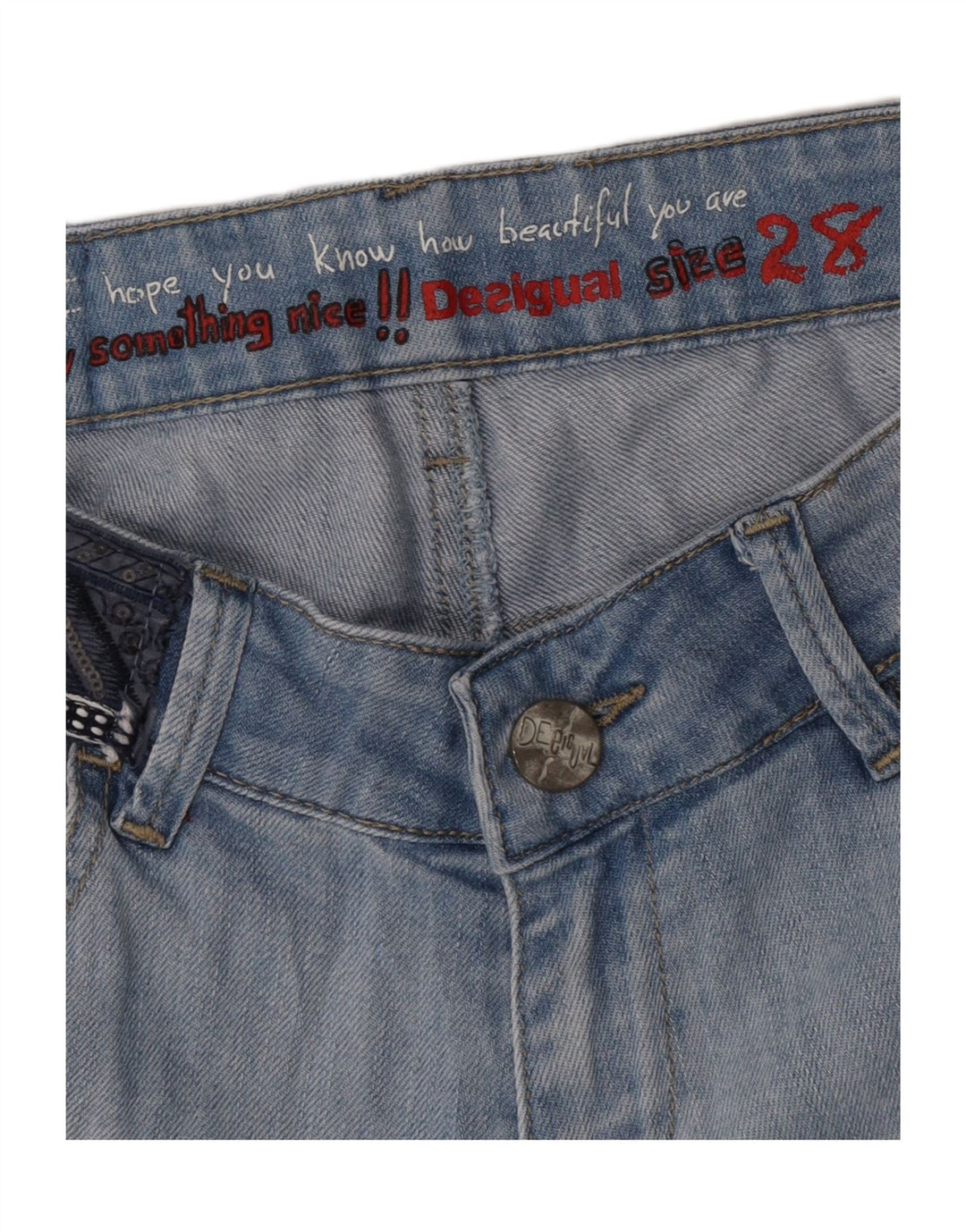 Damskie spodenki jeansowe Desigual Graphic Distressed W28 Średni niebieski w kwiaty