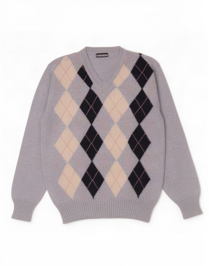 Vintage męski sweter z dekoltem w szpic, duży niebieski Argyle/diamentowa wełna