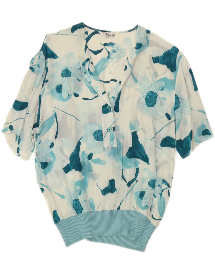 VINTAGE Womens Blouse Top IT 44 Medium Blue Floral Acetate Vintage Vintage and Second-Hand Vintage from Messina Hembry 