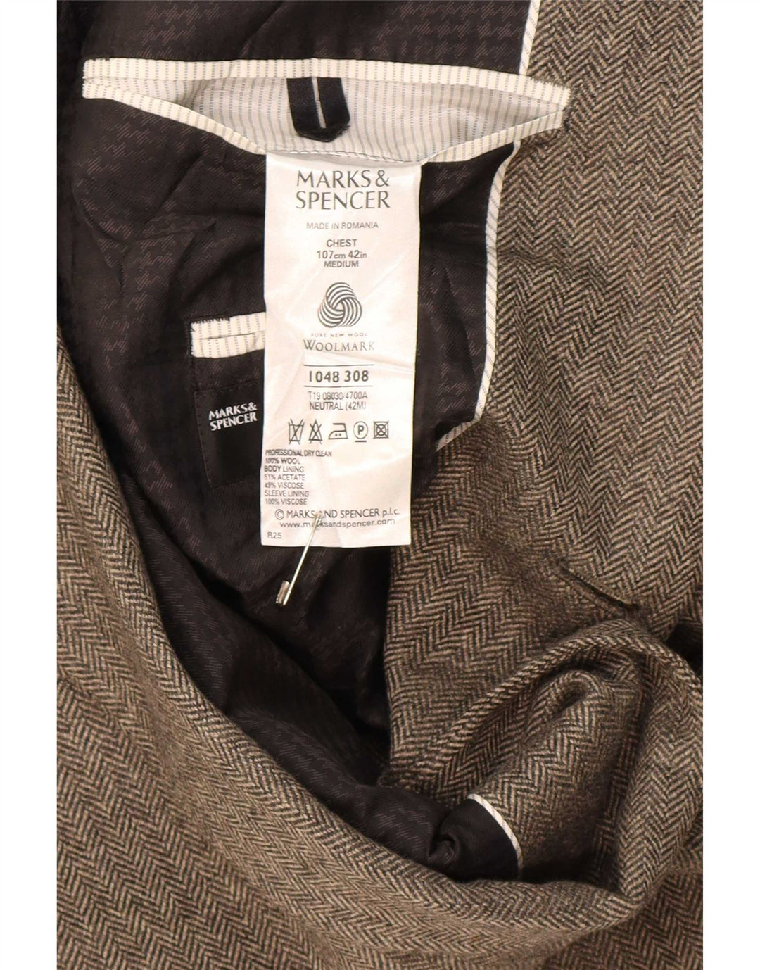 Marks & Spencer Męska marynarka zapinana na 2 guziki UK 42, duża beżowa jodełka