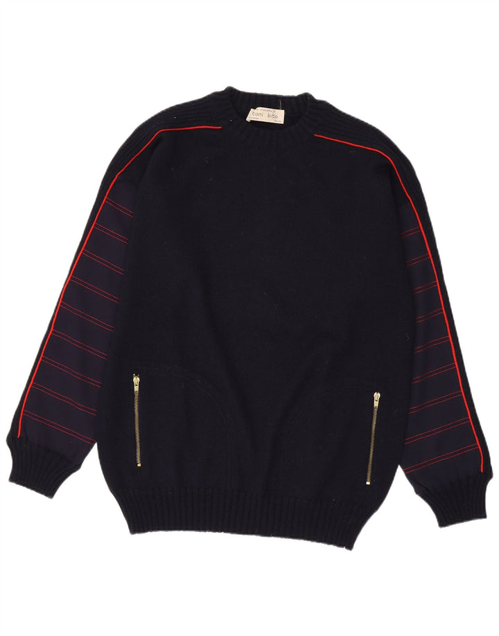 Vintage męski sweter z wycięciem pod szyją, średni granatowy w paski