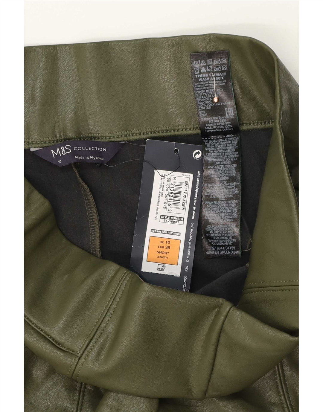 Damskie legginsy Marks & Spencer ze sztucznej skóry UK 10, małe, zielone, poliestrowe