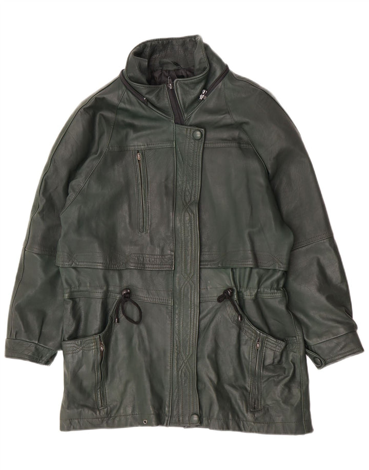Vintage damski płaszcz skórzany o luźnym kroju UK 14 średni zielony retro