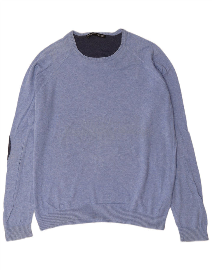 Męski sweter z okrągłym dekoltem Zara XL, niebieski, bawełniany