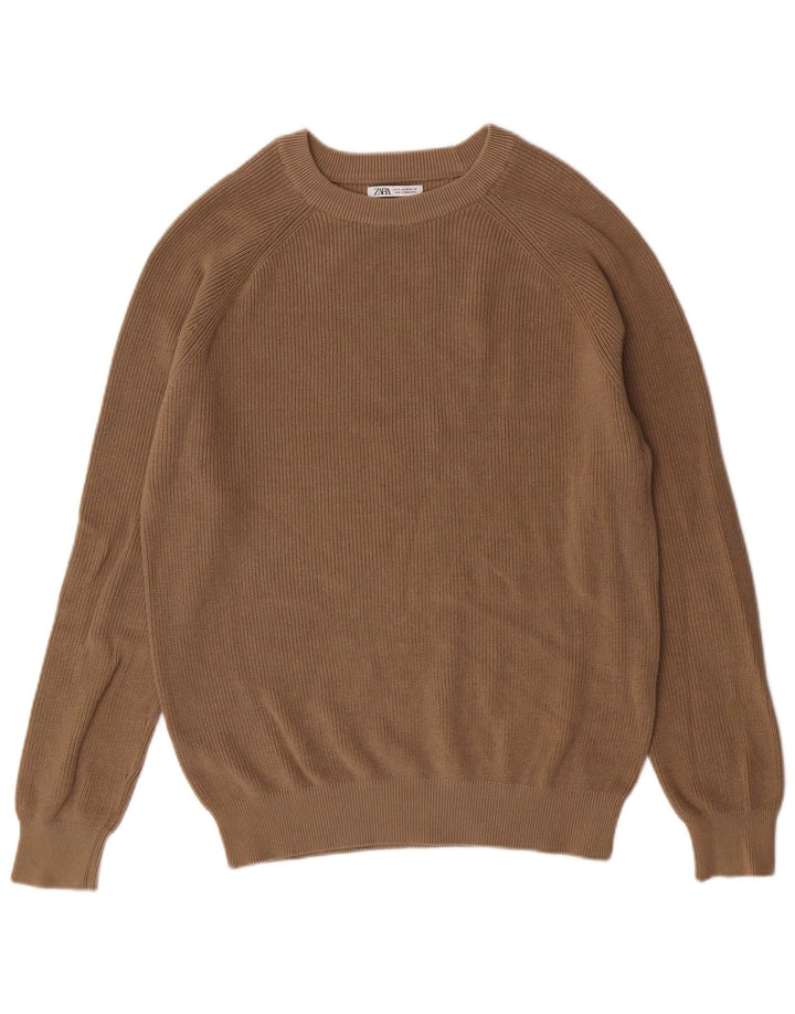 Męski sweter z okrągłym dekoltem Zara Średni brązowy bawełniany