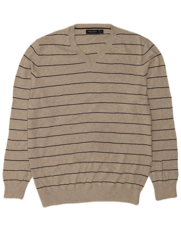 Nautica Mens V-Neck Jumper Sweater Large Grey Striped Cotton