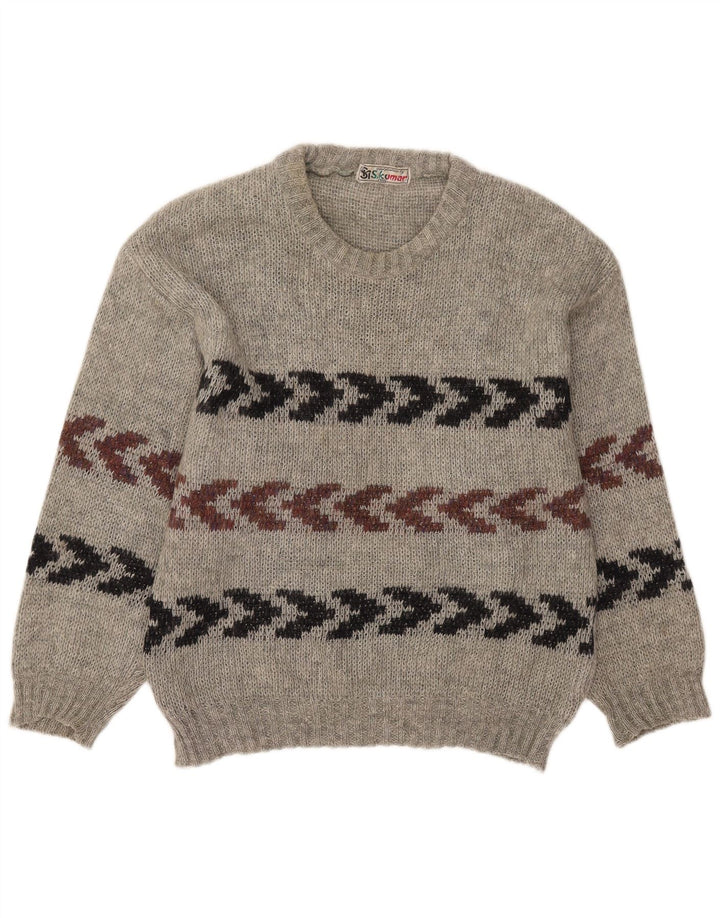 Vintage męski sweter z okrągłym dekoltem, rozmiar 40, średnie szare paski