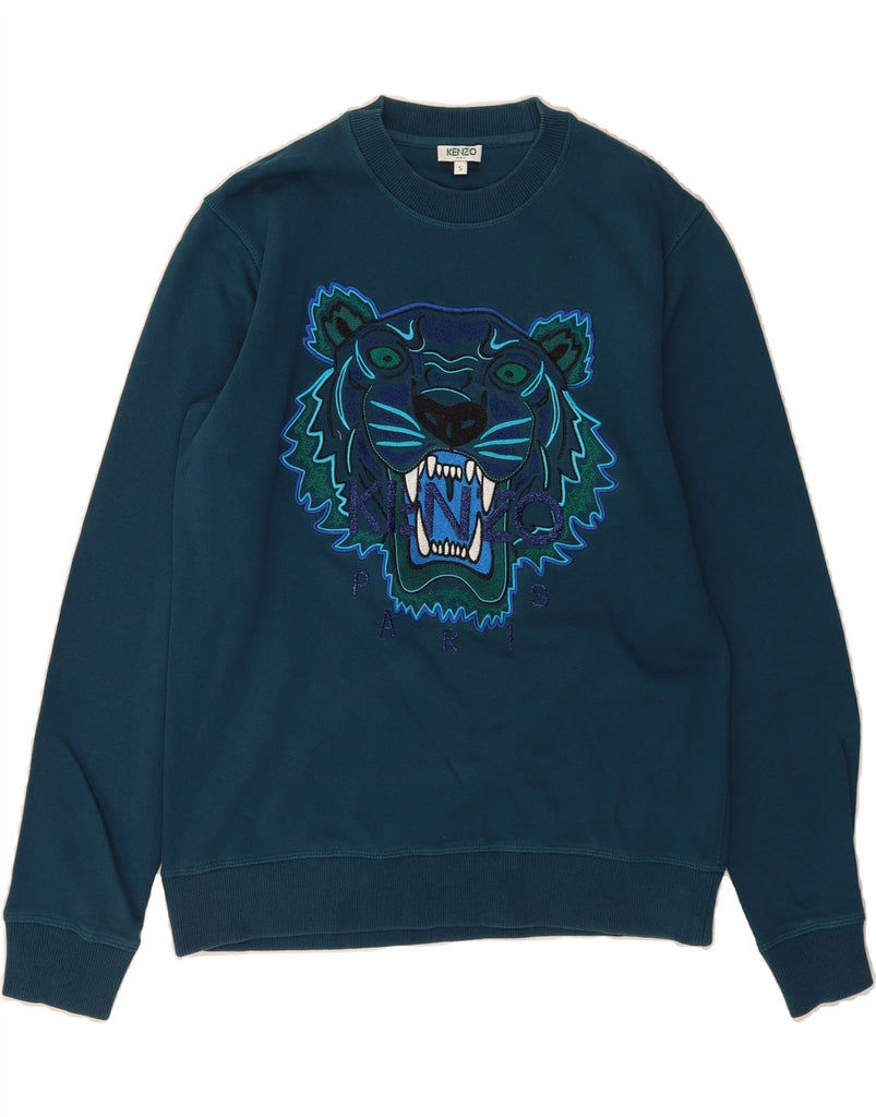 KENZO Mens Paris Graphic Sweatshirt Jumper Small Turquoise Cotton Vintage Kenzo and Second-Hand Kenzo from Messina Hembry 
