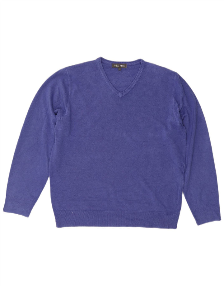 Marks & Spencer Męski sweter z dekoltem w kształcie litery V, XL, niebieski, akryl
