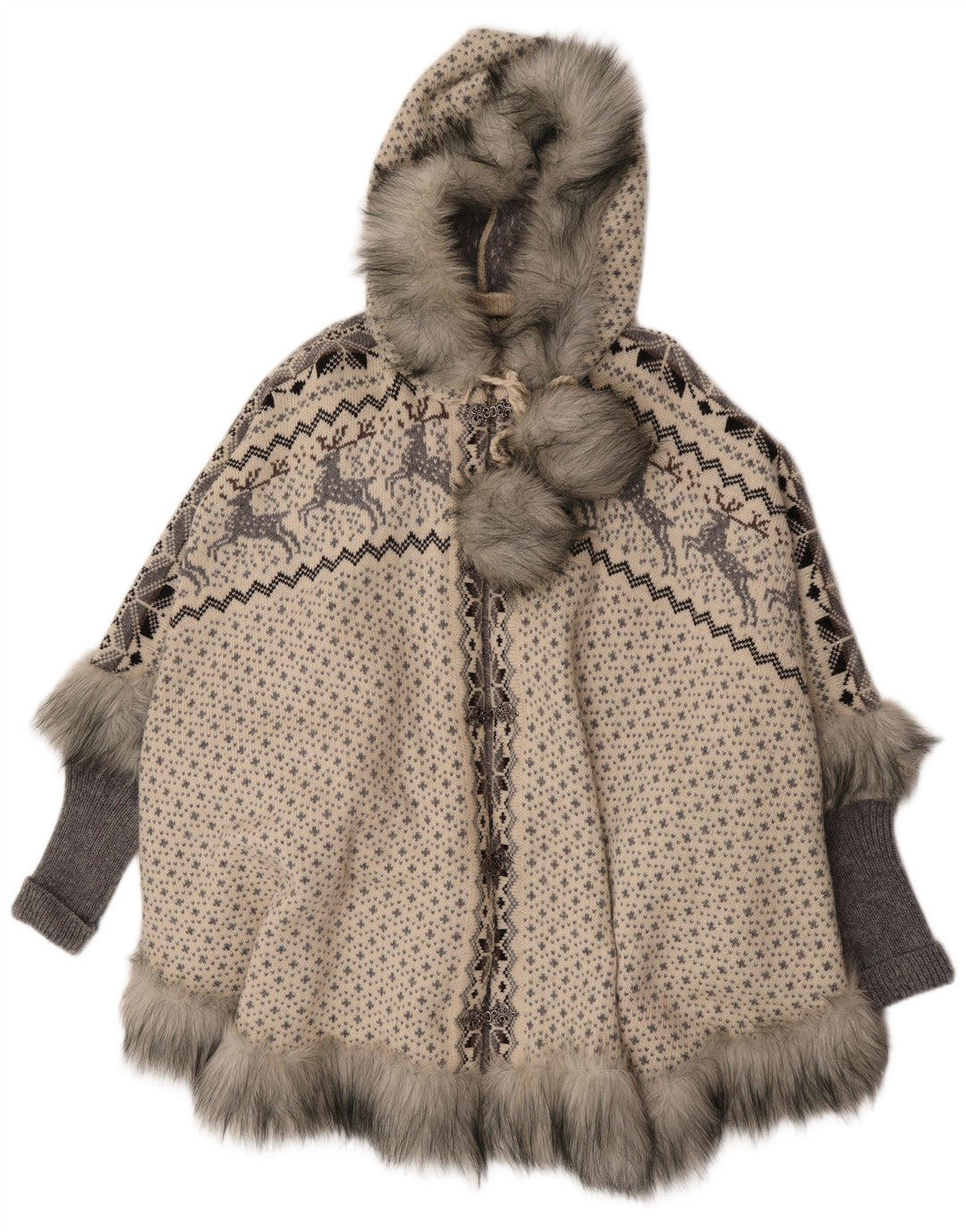 Vintage damski płaszcz ponczo z kapturem, z kapturem UK 16, duży, szary Fair Isle