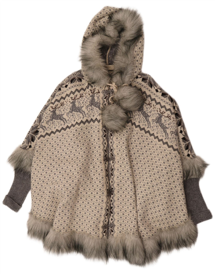 Vintage damski płaszcz ponczo z kapturem, z kapturem UK 16, duży, szary Fair Isle