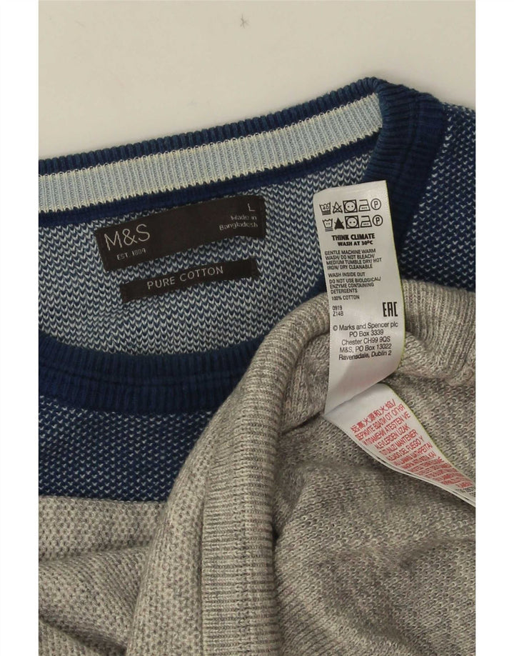 Marks & Spencer Męski sweter z okrągłym dekoltem, duży, szary, bawełniany w bloki kolorów
