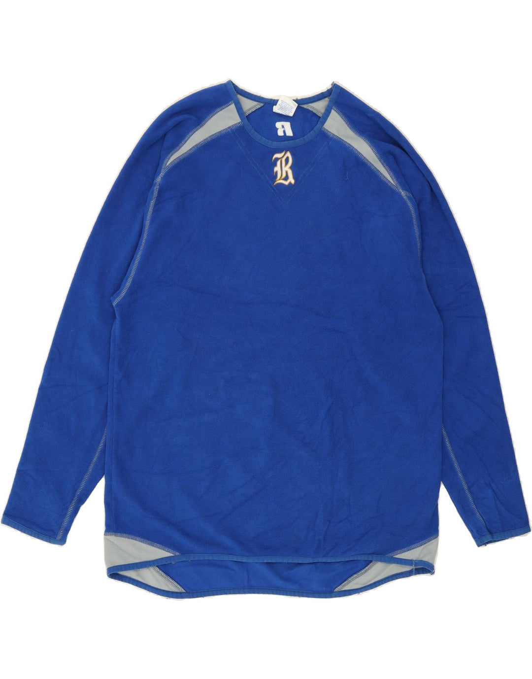 RUSSELL ATHLETIC Mens Fleece Jumper Large Blue Colourblock Polyester Vintage Russell Athletic and Second-Hand Russell Athletic from Messina Hembry 