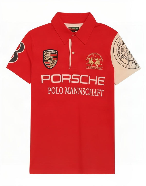 Męska koszulka polo La Martina z grafiką Porsche, bawełniana w kolorze średniej czerwieni
