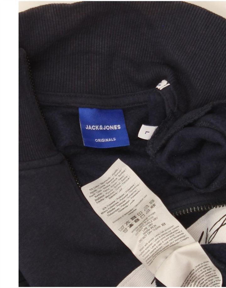 JACK & JONES Mens Graphic Zip Neck Sweatshirt Jumper Large Navy Blue Vintage Jack & Jones and Second-Hand Jack & Jones from Messina Hembry 