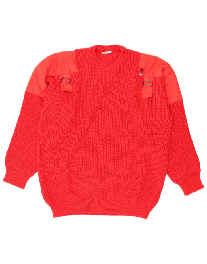 Vintage męski sweter z wycięciem pod szyją, średnia czerwona wełna