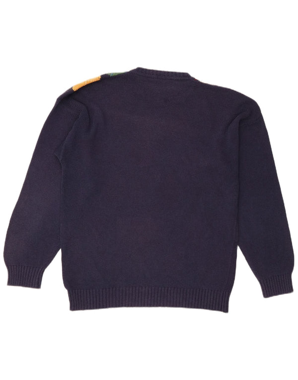 Vintage męski sweter z okrągłym dekoltem, duży, granatowy, wykonany z tkaniny argyle/diamentowej bawełny