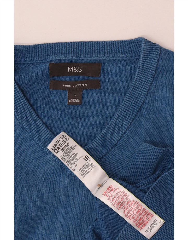 MARKS & SPENCER Męski sweter z dekoltem w kształcie litery V, mały, niebieski, bawełniany