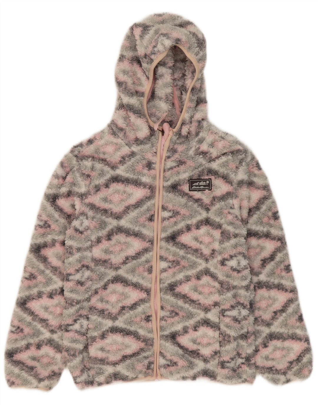 EDDIE BAUER Girls Fleece Jacket 10-11 Years Medium Grey Argyle/Diamond