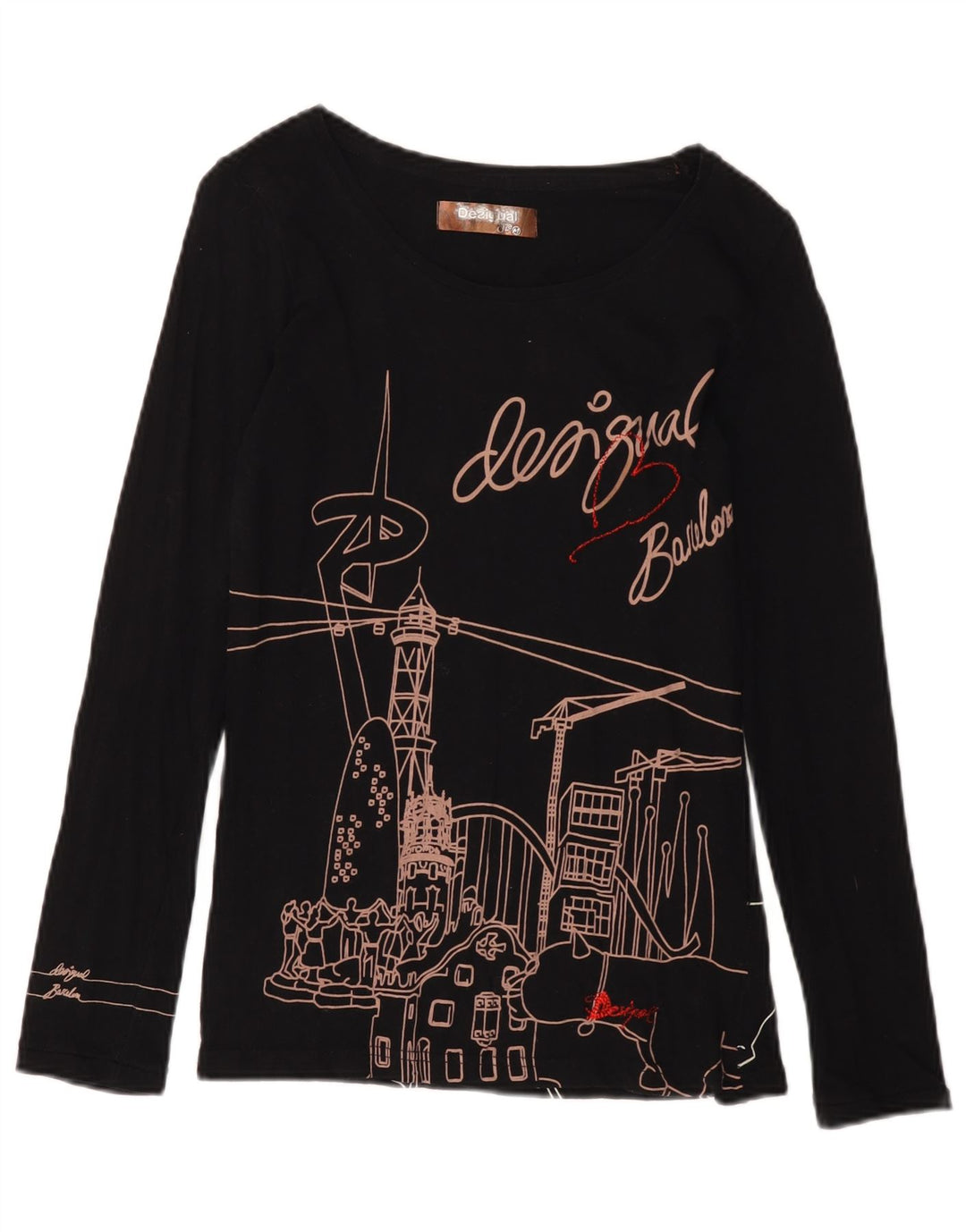Desigual damski top Barcelona Graphic z długim rękawem, UK 12, średni czarny, bawełniany