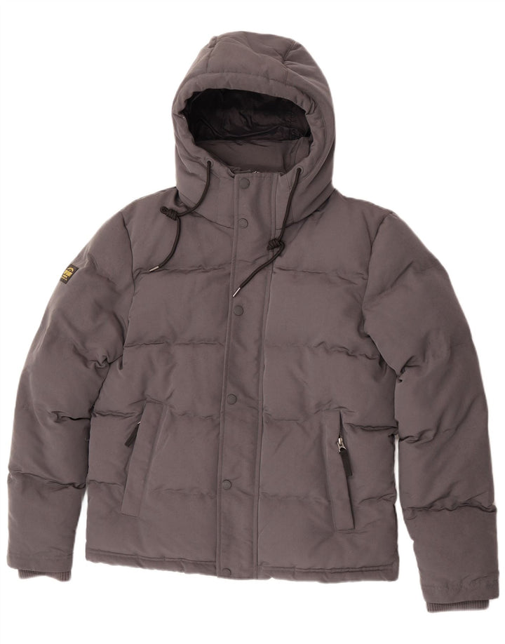 Męska wyściełana kurtka z kapturem i grafiką Superdry UK 36, mały, szary poliester
