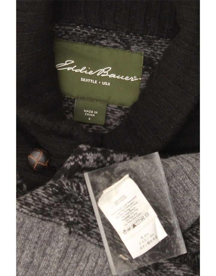 EDDIE BAUER Męski sweter z szalowym dekoltem, mały, szary, z wełny Fair Isle