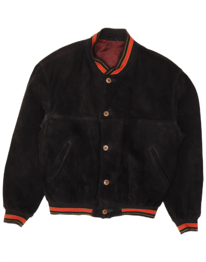 Vintage męska zamszowa kurtka bomber IT 48, średnia czarna skóra w paski