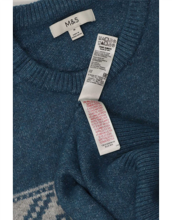 Marks & Spencer Męski sweter z dekoltem w łódkę Średni niebieski Fair Isle Akryl