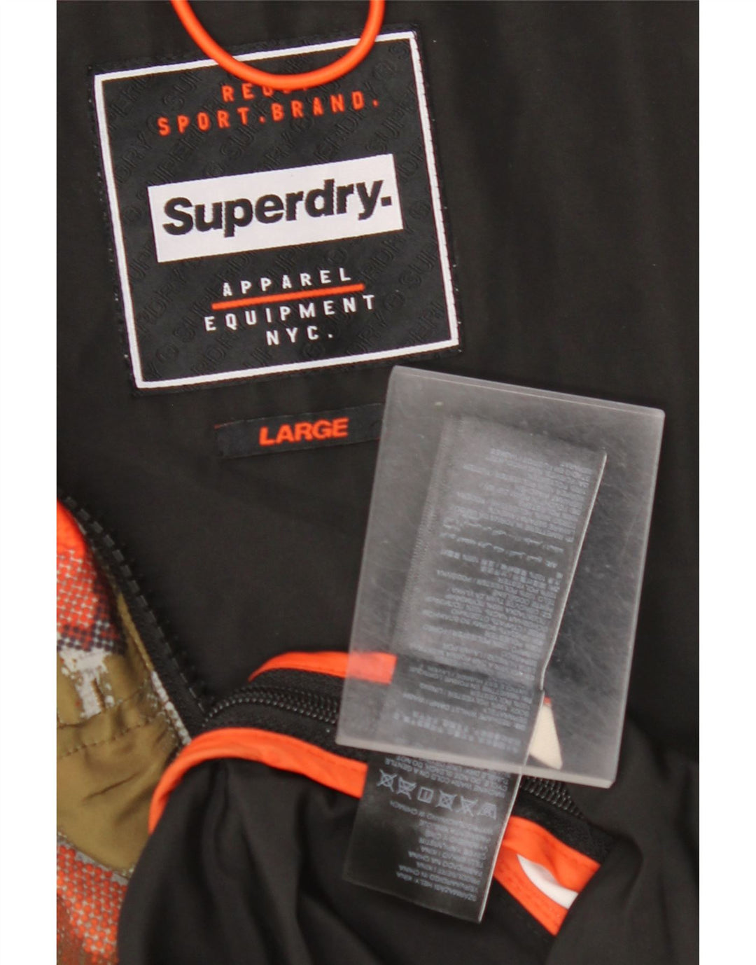 SUPERDRY Męska kurtka przeciwdeszczowa z kapturem i kapturem UK 40, duża, czarna w cętki