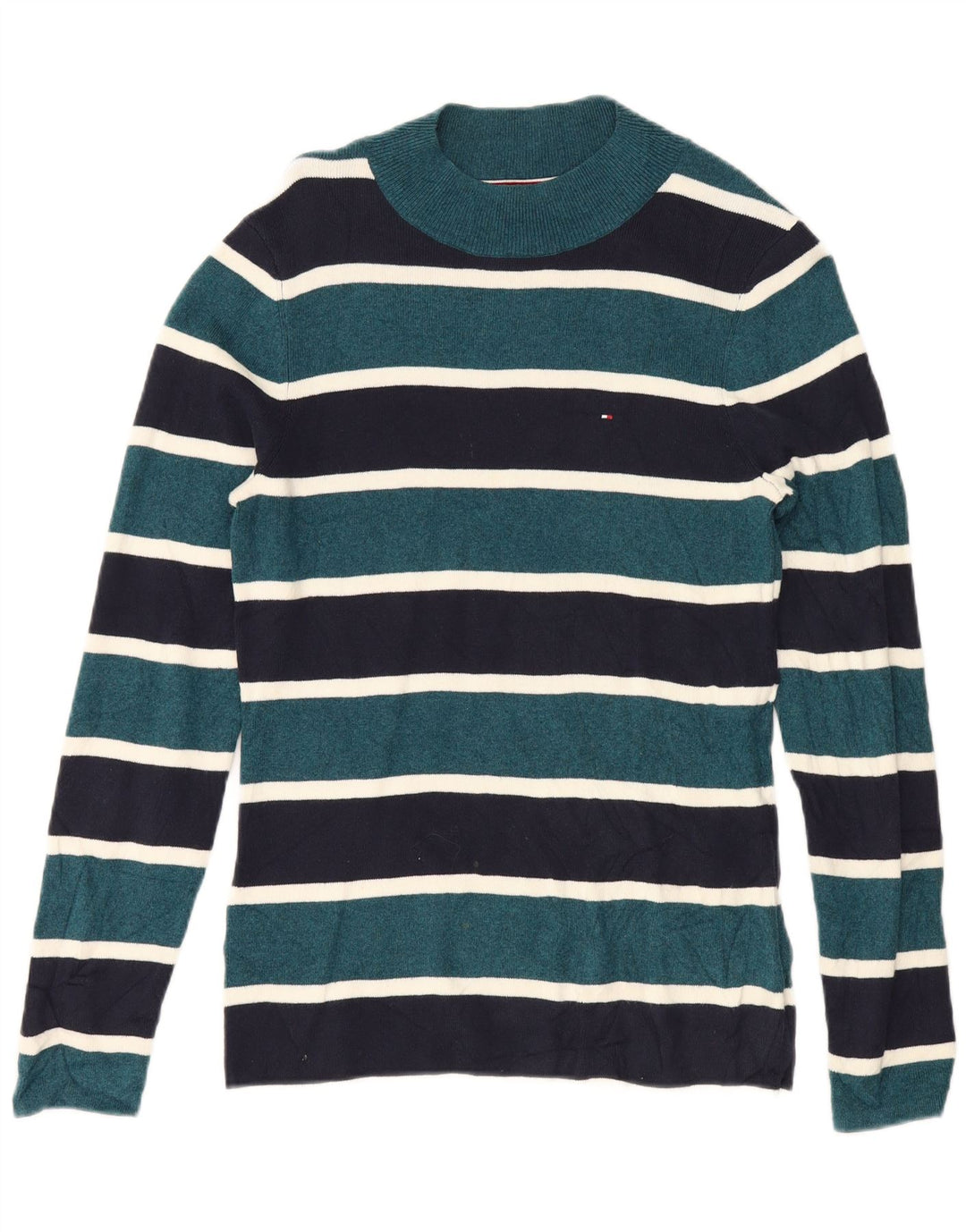 TOMMY HILFIGER Womens Turtle Neck Jumper Sweater UK 12 Medium Blue Striped Vintage Tommy Hilfiger and Second-Hand Tommy Hilfiger from Messina Hembry 