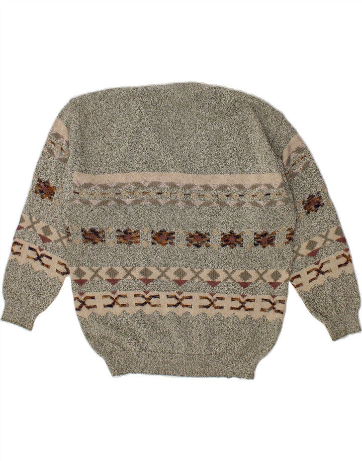 MALAGRIDA Mens V-Neck Jumper Sweater Medium Grey Fair Isle Cotton Vintage Malagrida and Second-Hand Malagrida from Messina Hembry 