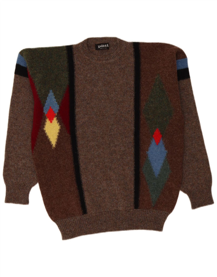 Vintage męski sweter z okrągłym dekoltem, duży, brązowy, argyle/diamentowa wełna