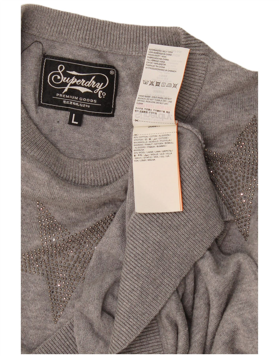 Damski sweter Superdry z abstrakcyjnym wzorem i okrągłym dekoltem, UK 16, duży, szary