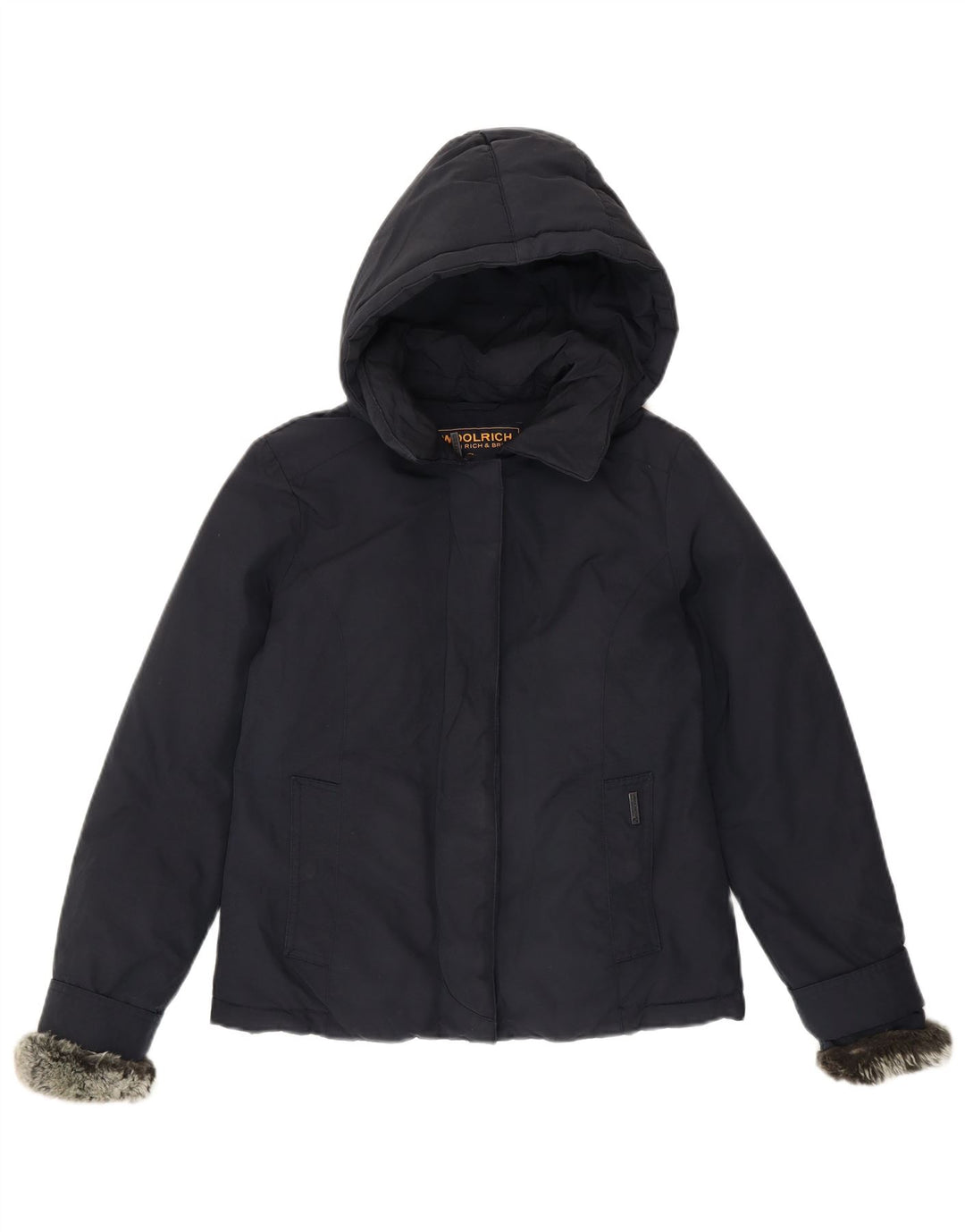 Damska ocieplana kurtka z kapturem Woolrich UK 10, mała, granatowa, bawełniana