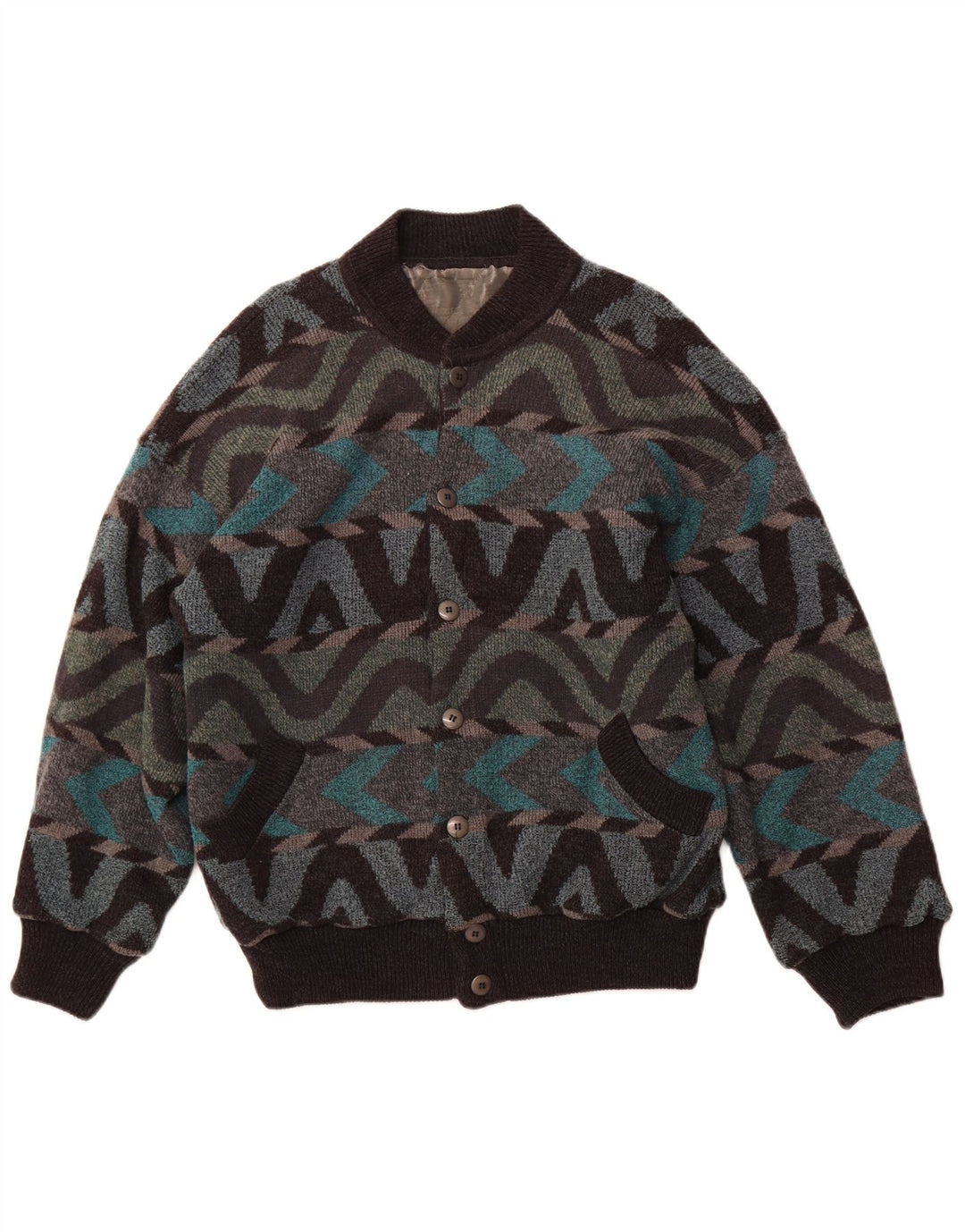 Męska kurtka bomber w stylu vintage UK 42 XL Wielobarwna geometryczna wełna alpaki