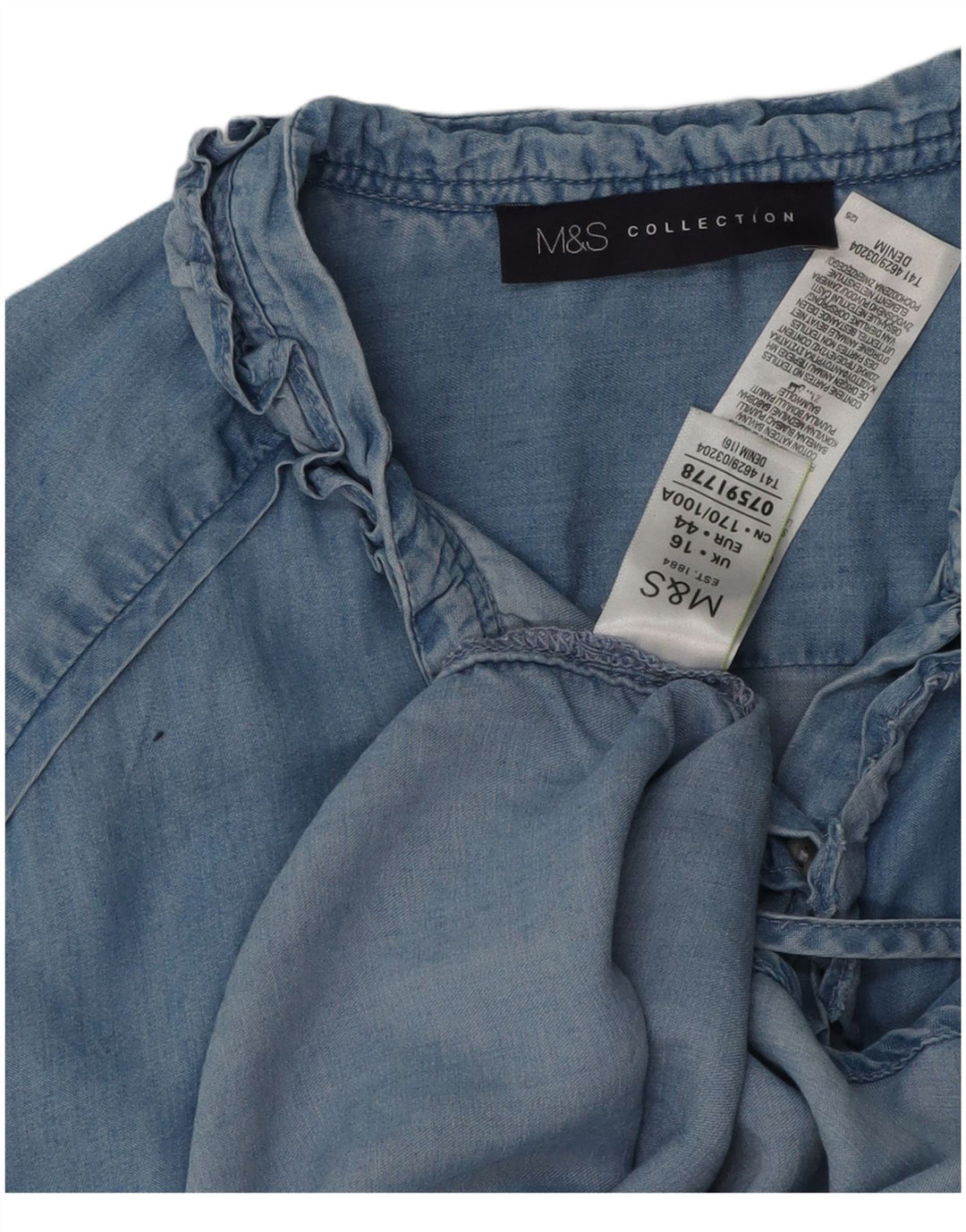 Marks & Spencer Damska koszula dżinsowa oversize z falbaną z przodu UK 16, duża niebieska