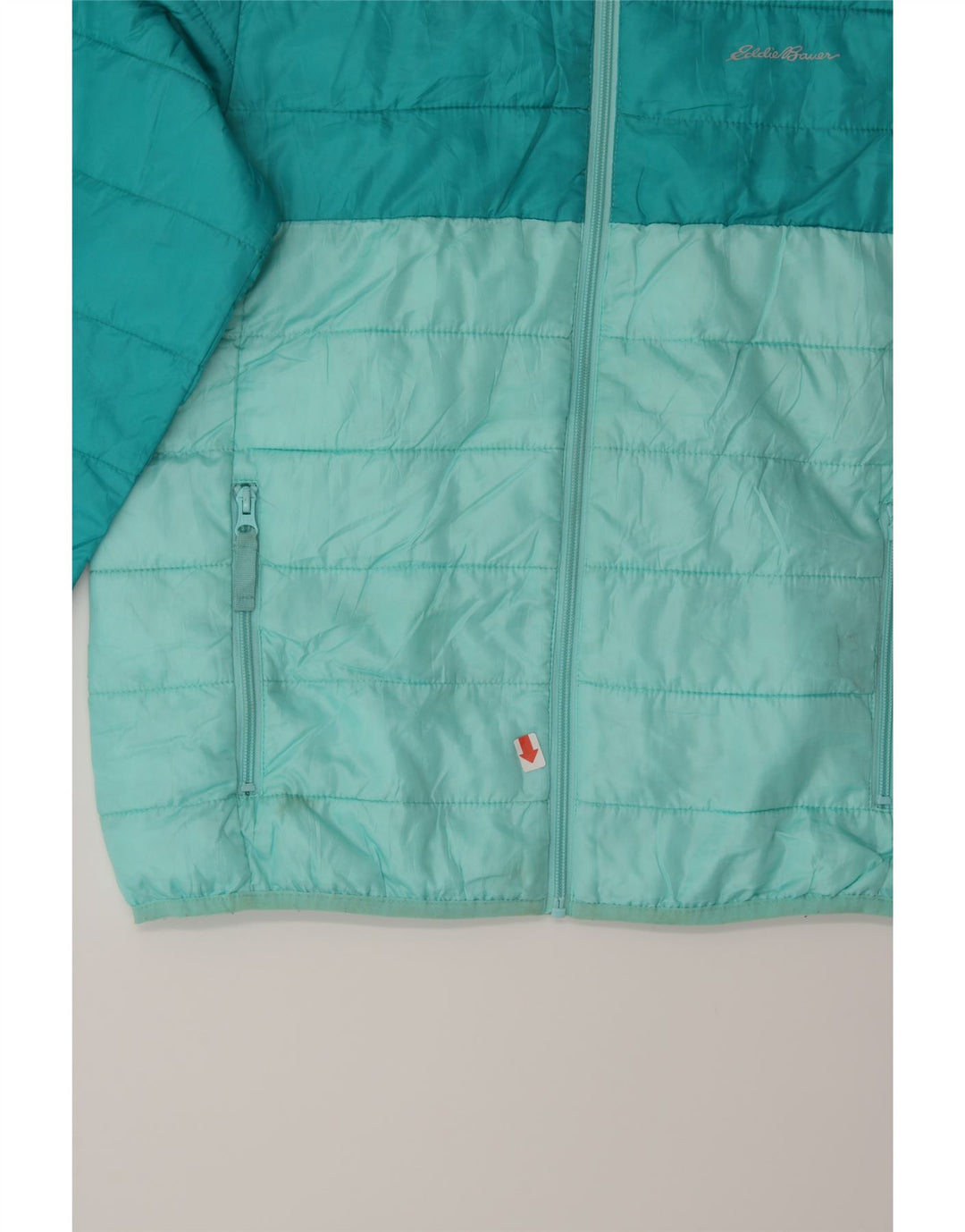 EDDIE BAUER Boys Hooded Padded Jacket 13-14 Years Large  Blue Colourblock Vintage Eddie Bauer and Second-Hand Eddie Bauer from Messina Hembry 