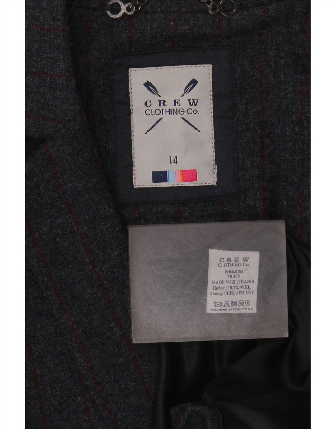 Crew Clothing Damska marynarka zapinana na 2 guziki UK 14, duża, szara, wełniana w prążki