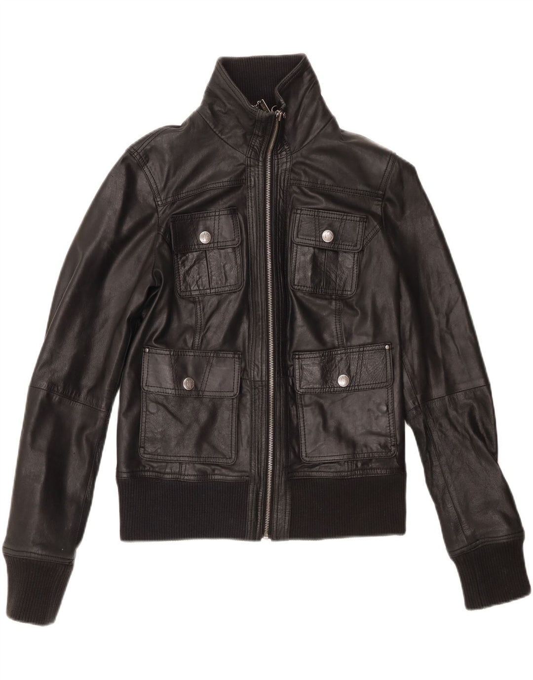 Damska kurtka skórzana typu Crop BERSHKA UK 14, duża czarna skóra