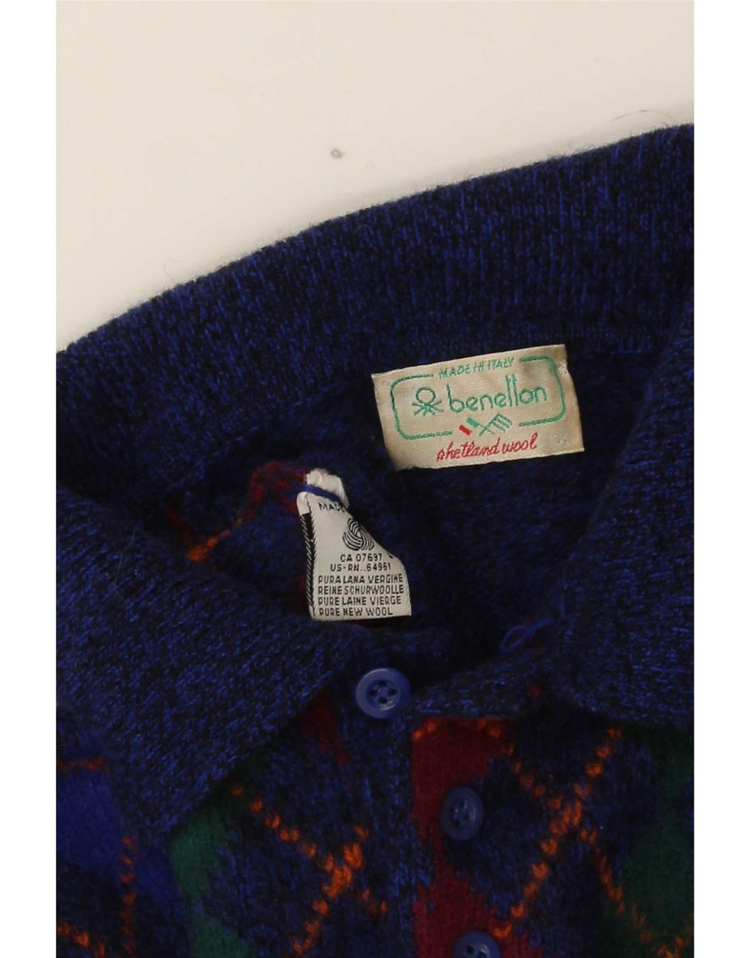 Męski sweter polo Benetton IT 48 Small Blue Argyle/diamentowa wełna
