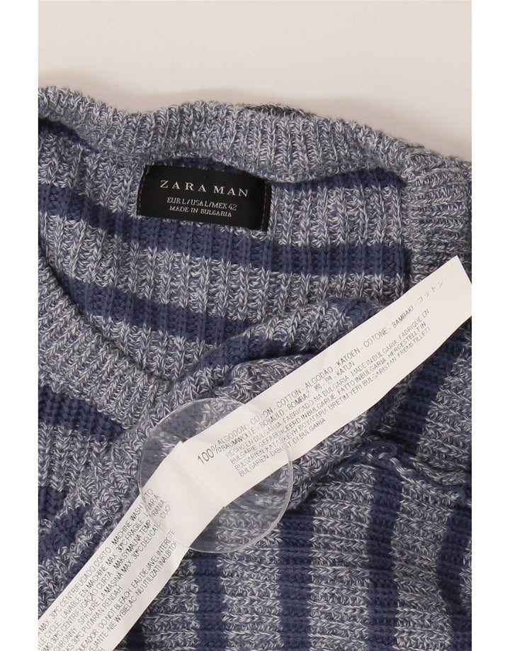Męski sweter Zara z okrągłym dekoltem, duży, bawełniany w niebieskie paski