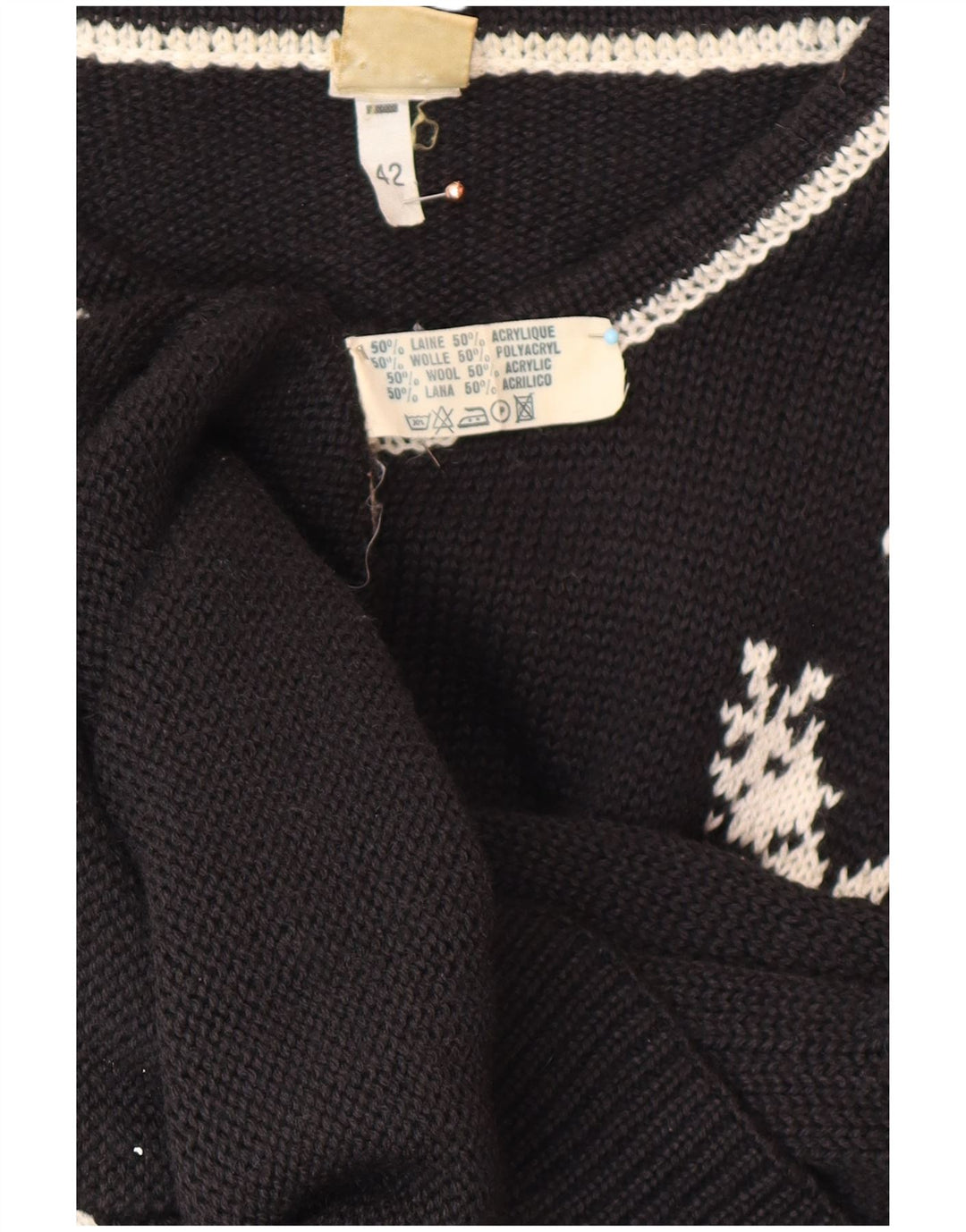 JORG PETERSON Damski sweter rozpinany EU 42, duża, czarna, wełniana w kwiaty