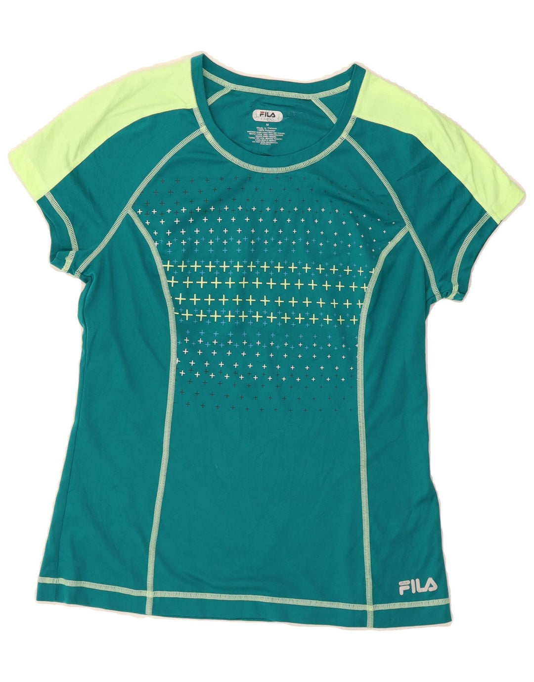 FILA Womens Graphic T-Shirt Top UK 12 Medium Green Colourblock Polyester Vintage Fila and Second-Hand Fila from Messina Hembry 