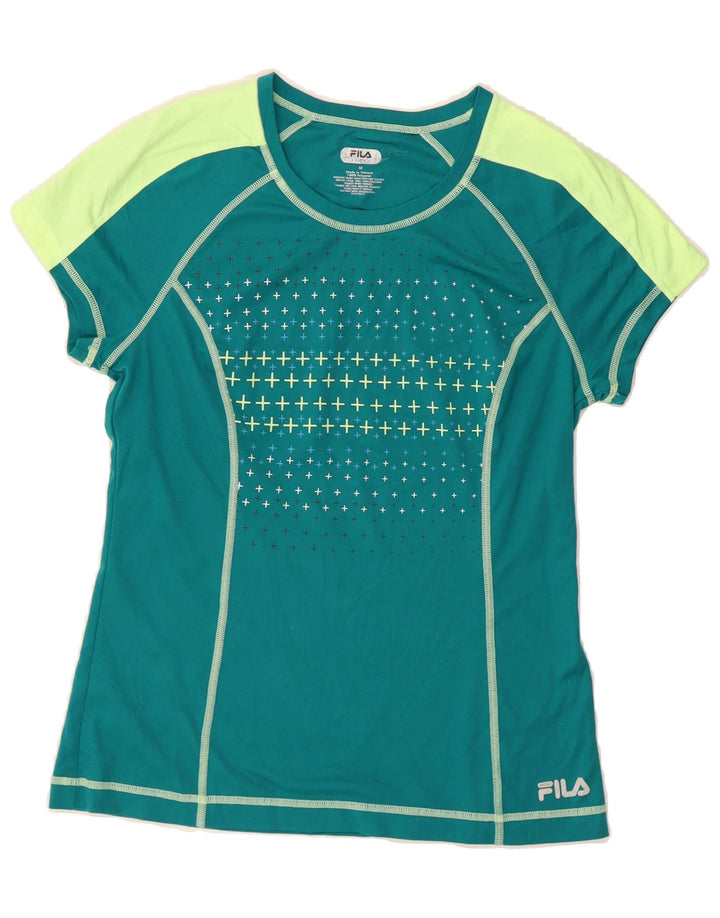 FILA Womens Graphic T-Shirt Top UK 12 Medium Green Colourblock Polyester Vintage Fila and Second-Hand Fila from Messina Hembry 