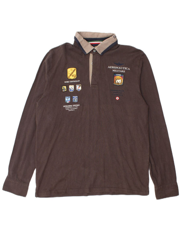 Aeronautica Militare Mens Graphic Long Sleeve Rugby Polo Shirt XL Brown
