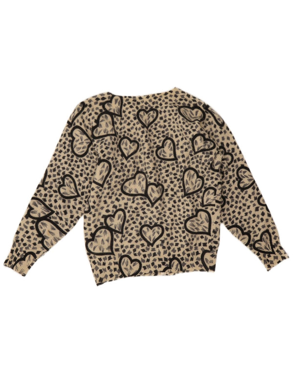Sweter damski w stylu vintage, rozpinany UK 10, mały, beżowy, zwierzęcy nadruk, wełna owcza
