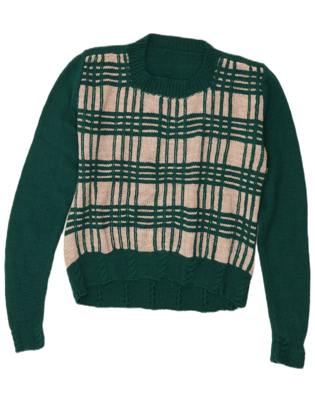 Sweter damski VINTAGE z okrągłym dekoltem UK 14 w średnią zieloną kratkę