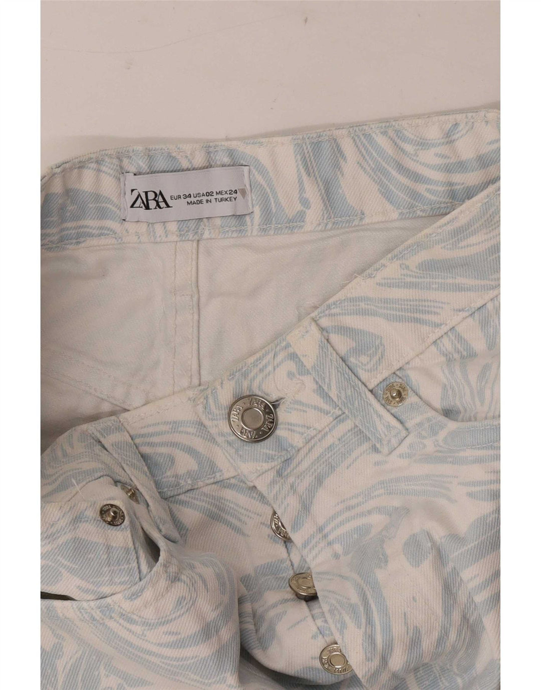 Damskie spodenki jeansowe Zara z abstrakcyjnym wzorem EU 34 2XS W24 niebieskie