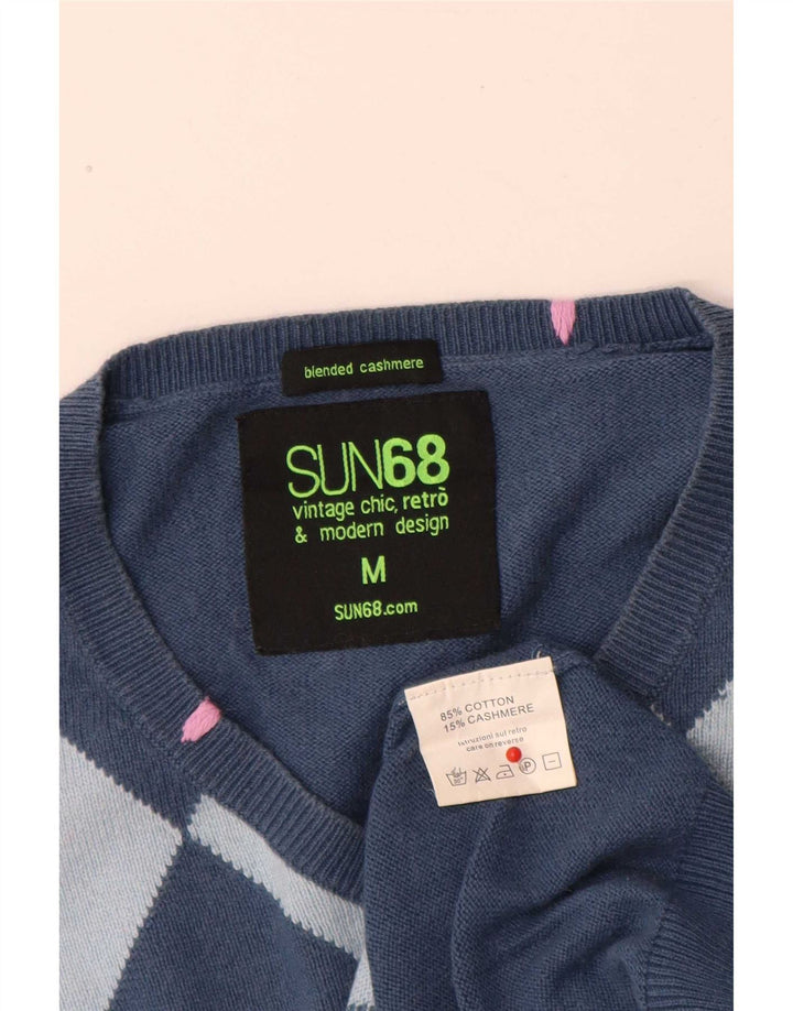 Męski sweter Sun68 z dekoltem w kształcie litery V, średnioniebieski, argyle/diamentowa bawełna