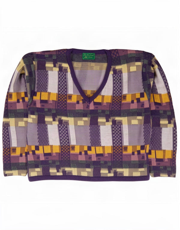 Sweter damski w stylu vintage z dekoltem w kształcie litery V, UK 14, średni fiolet, geometryczna bawełna